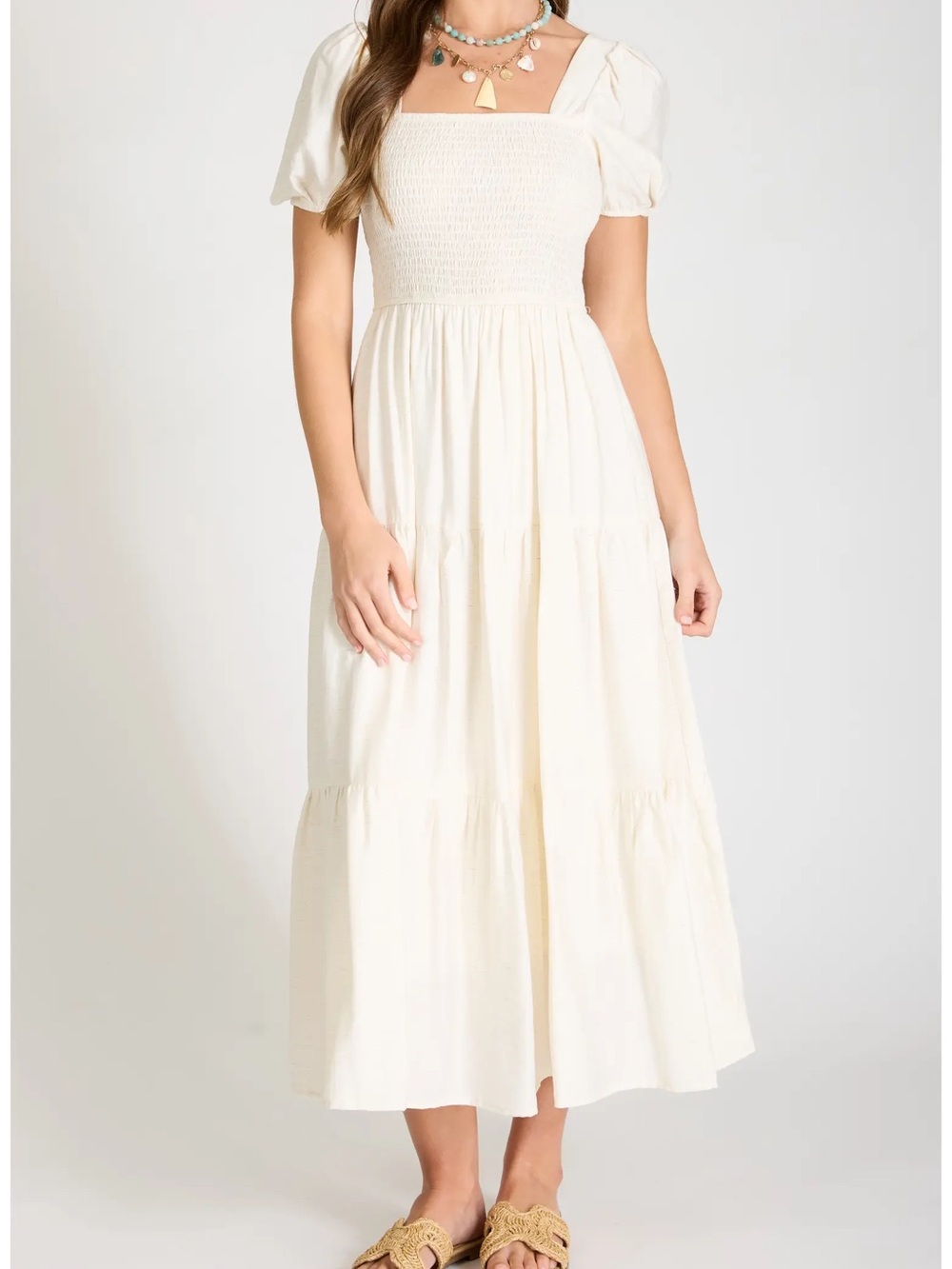 August Sky Square-Neck Tiered Maxi Dress in Cream